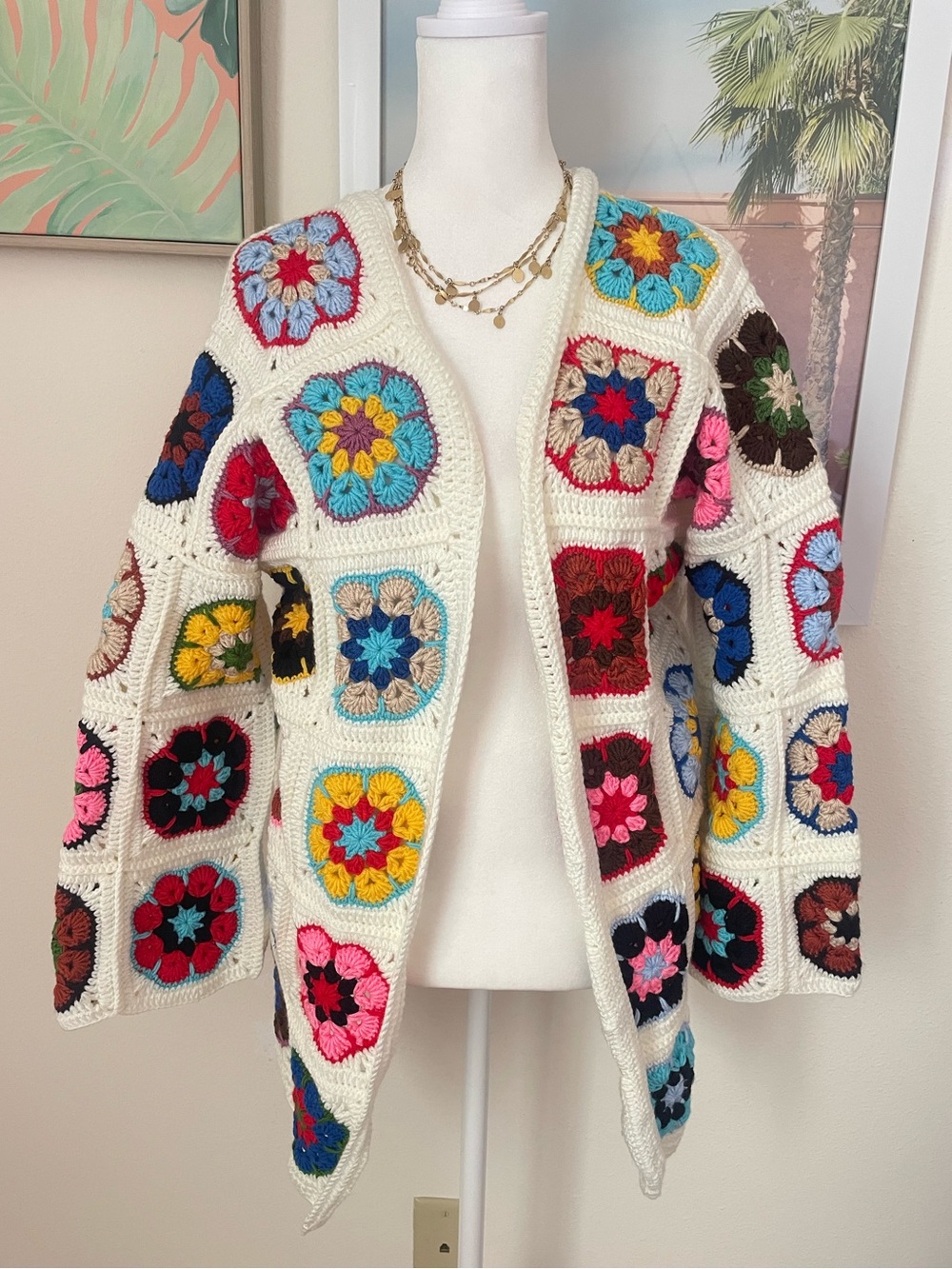 Handmade Multicolor Floral Crochet Knit Granny Square Cardigan Sweater One Size